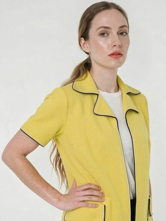 LUCIA YELLOW KNIT BLAZER JACKET WITH POCKETS VINTAGE BUTTONLESS TOP WOMAN MEDIUM - Picture 4 of 9